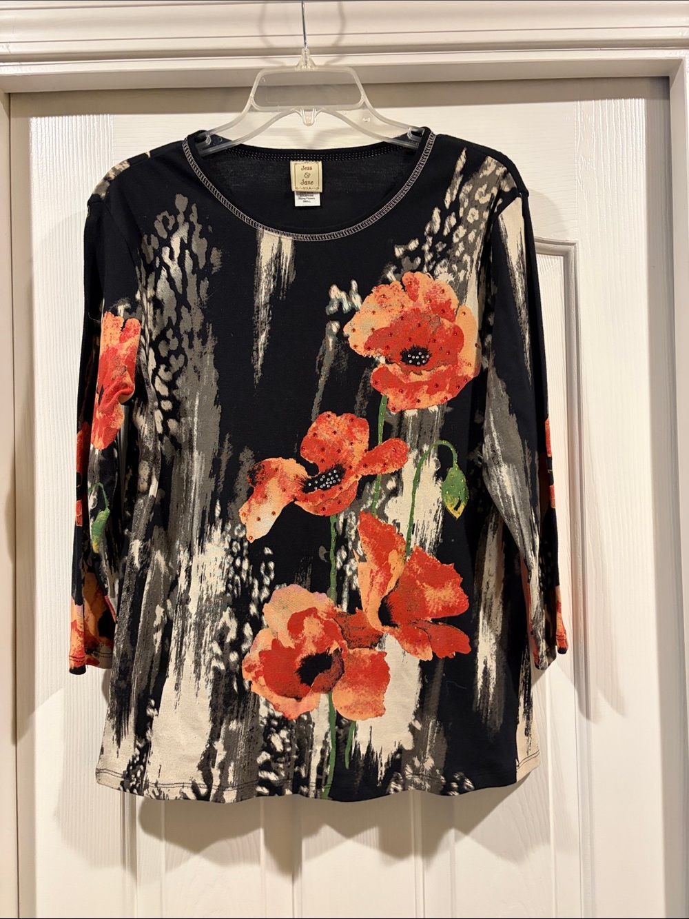 Jess & Jane Long-Sleeve Scoop Neck Top with Orange Floral Poppies new size S